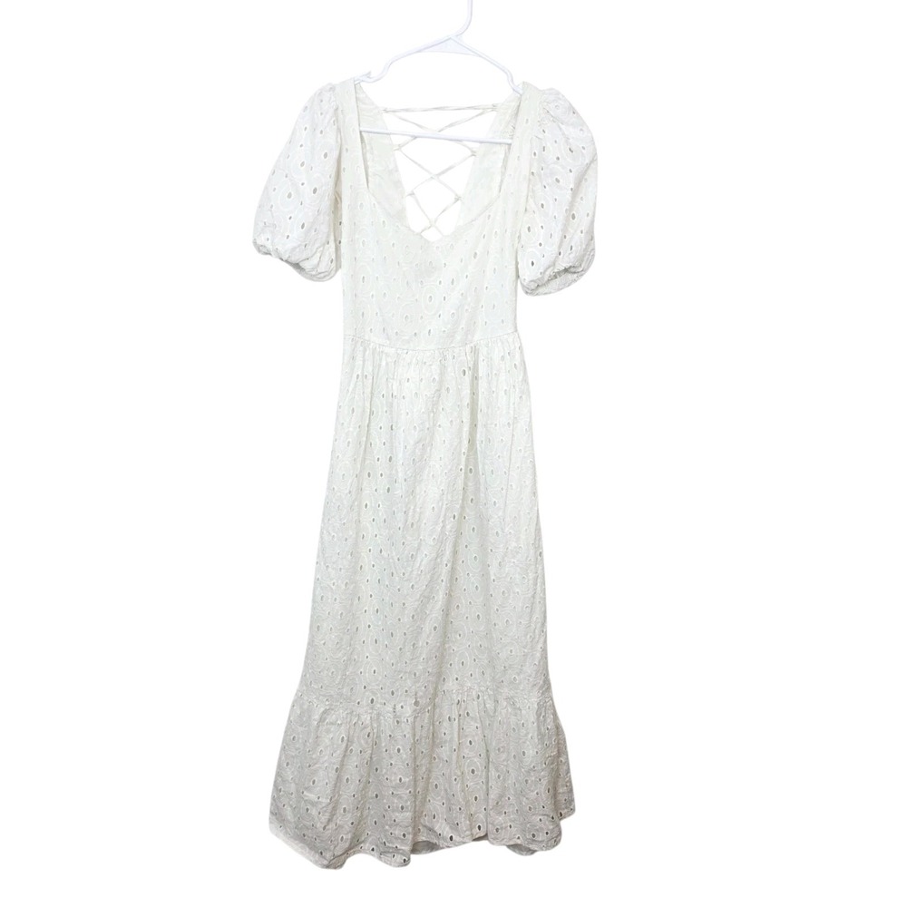 Asos White Puff Sleeve Eyelet Cottagecore Milkmaid Beachy Midi Dress Size 6‎